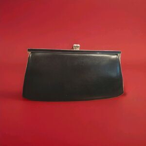 Vintage Black Faux Leather Evening Clutch Purse Red Interior Gold Tone Clasp